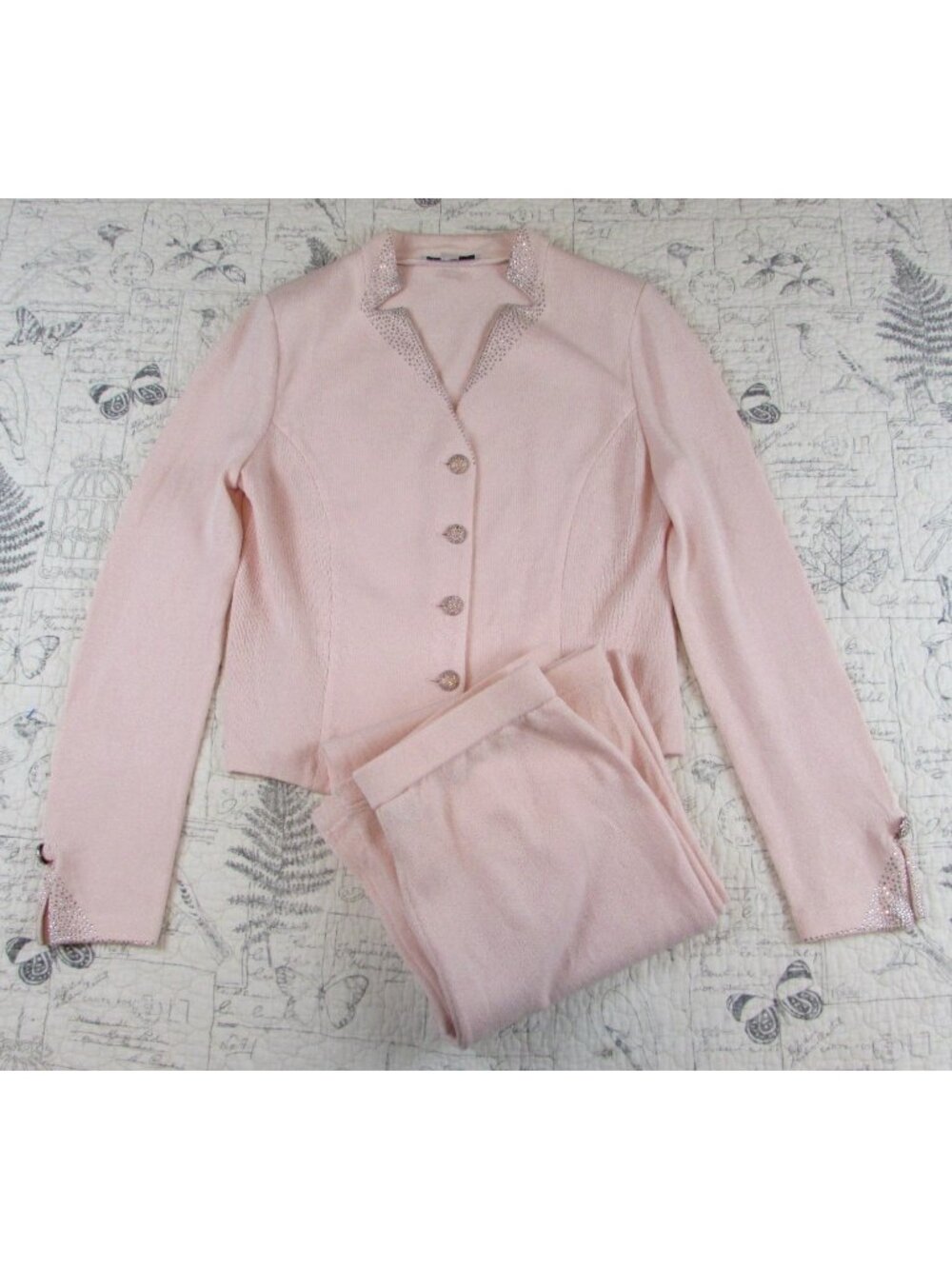 EUC St. John Evening Pants Jacket 2 Piece Suit Pale pink Santana knit shimmer 10